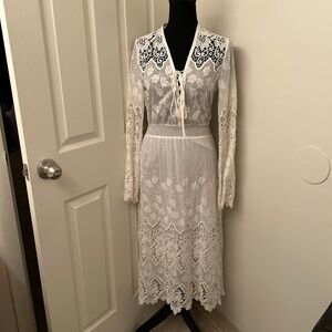 Yoana Baraschi White Silk Midi Dress With Bell Sleeves and Floral Cut Out Size S